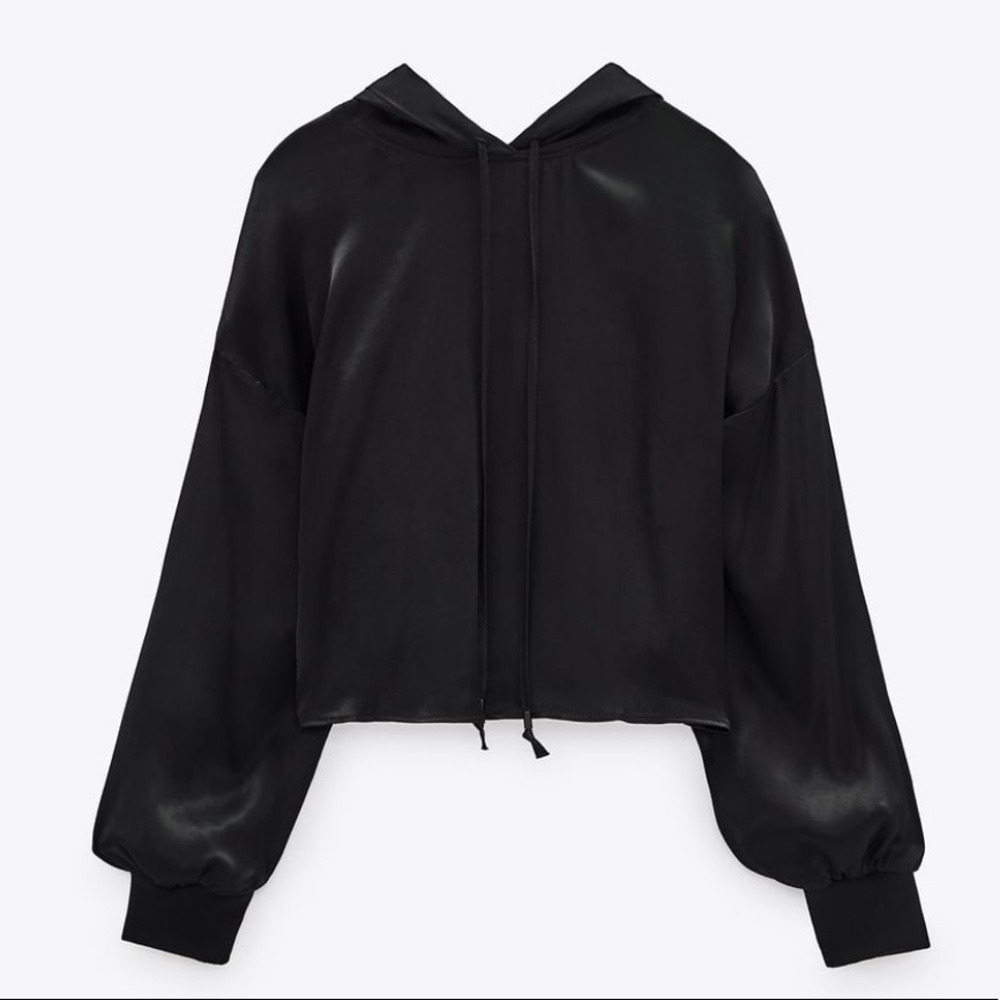 NWT Zara Black Satin Effect Black Cropped Hoodie